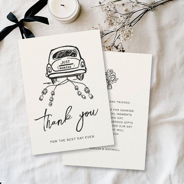 Handgezeichnete trendy Wedding Car Script Whimsica Dankeskarte (Von Creator hochgeladen)