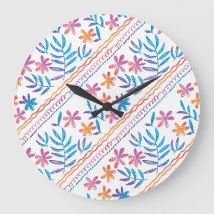 Handgezeichnete tropische Blume, Muster der Blätte Große Wanduhr