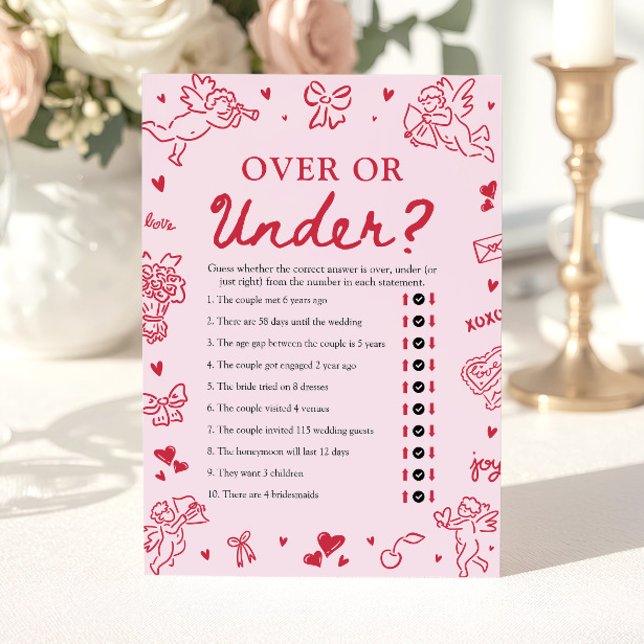 Handgezeichnete Valentinstag-Über-oder-Unter-Hochz Einladung (Hand Drawn Valentine Over Or Under Bridal Shower Game)