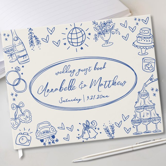 Handgezeichnete Vintage blaue Whimsikhochzeit Gästebuch (Hand Drawn Vintage Blue Whimsical Wedding Guest Book)