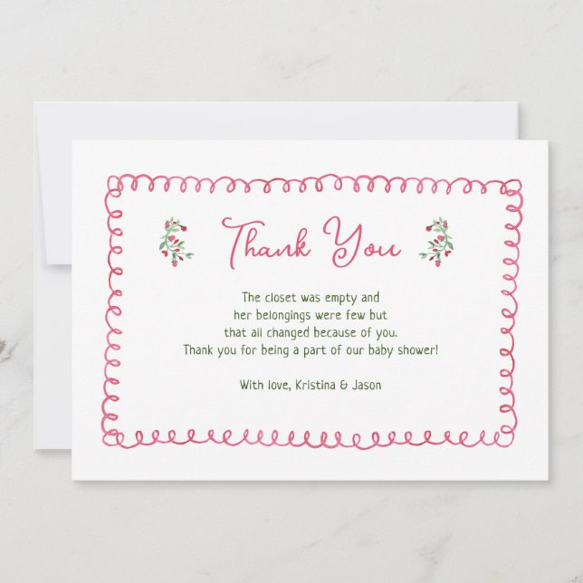 Handgezeichnete Vintage Blütenmädchen-Babydusche Dankeskarte (Vorderseite)