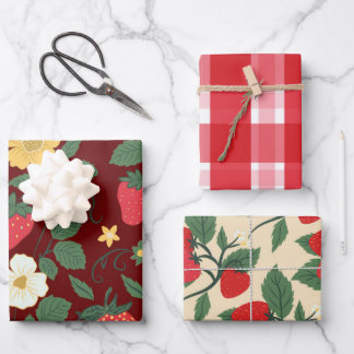 Handgezeichnete Vintage-Botanische-Erdbeere Gingha Geschenkpapier Set