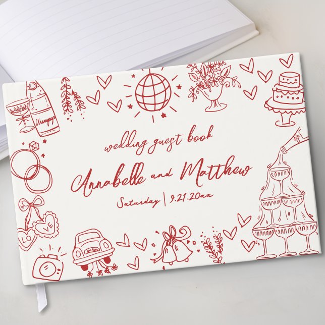 Handgezeichnete Vintage Hochzeit Gästebuch (Hand Drawn Whimsical Vintage Red Wedding Guest Book)