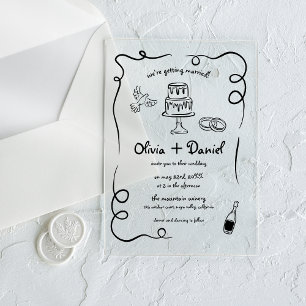 Handgezeichnete Vintage Schwarz-Weiß-Hochzeit Acryleinladungen