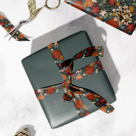 Handgezeichnete Vintage Winter Florals Dunkelgrün Satinband