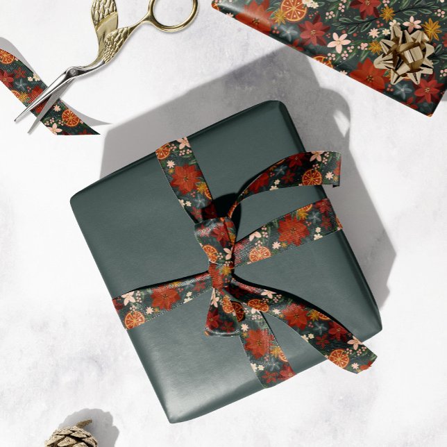 Handgezeichnete Vintage Winter Florals Dunkelgrün Satinband (Von Creator hochgeladen)