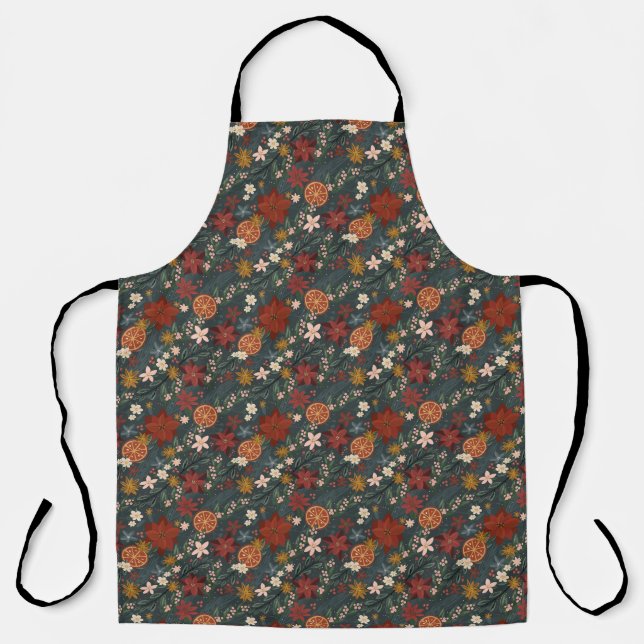 Handgezeichnete Vintage Winter Florals Dunkelgrün Schürze (Vorderseite)