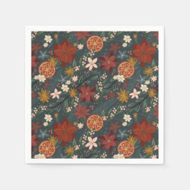 Handgezeichnete Vintage Winter Florals Dunkelgrün Serviette