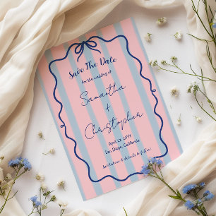 Handgezeichnete Wavy Blue Bow Pink Stripe Hochzeit Save The Date