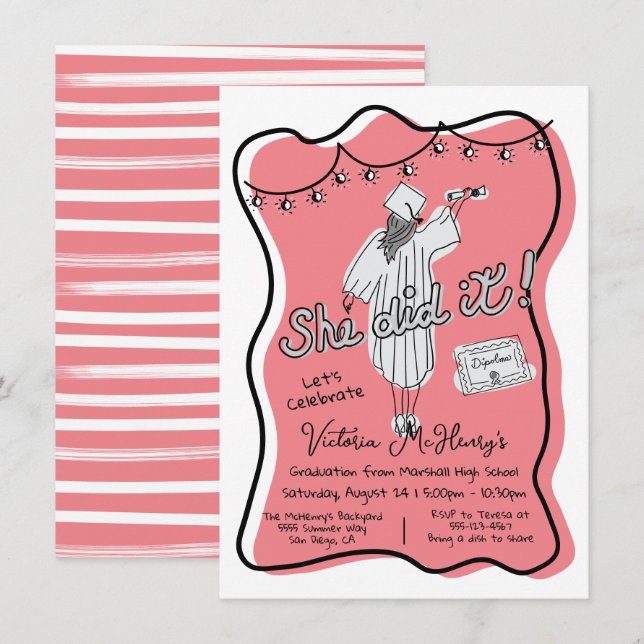 Handgezeichnete Wavy-Frame-Graduierungsparty Einladung (Vorne/Hinten)