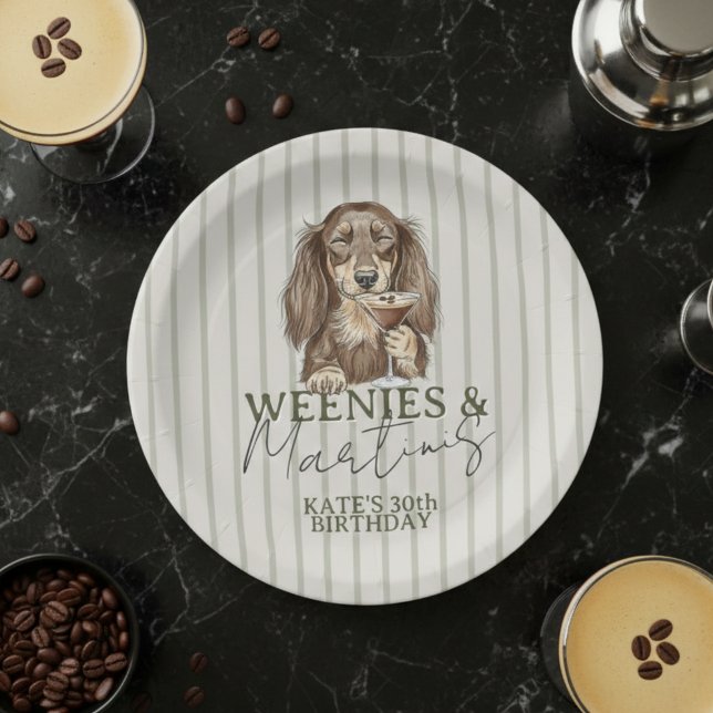Handgezeichnete Weenies und Martinis Dachshund Pappteller (Hand Drawn Weenies and Martinis Dachshund Paper Plates)