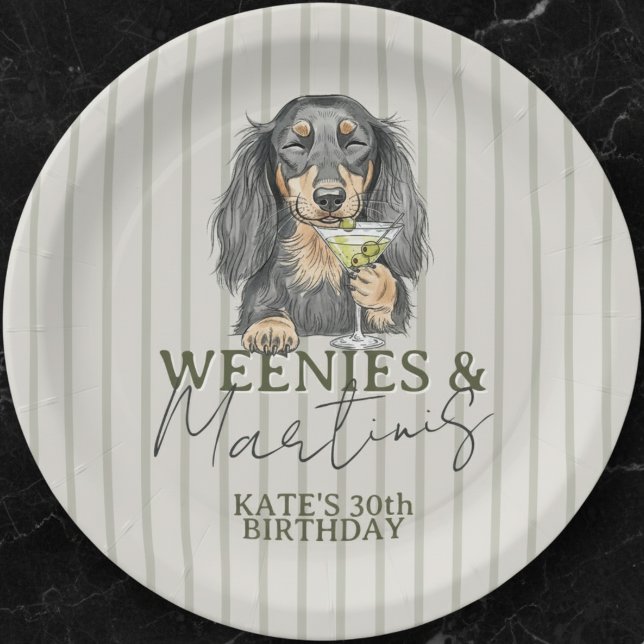 Handgezeichnete Weenys und Martinis-Dackel Pappteller (Celebrate with this Hand Drawn Weenies and Martinis Dachshund Paper Plate! )