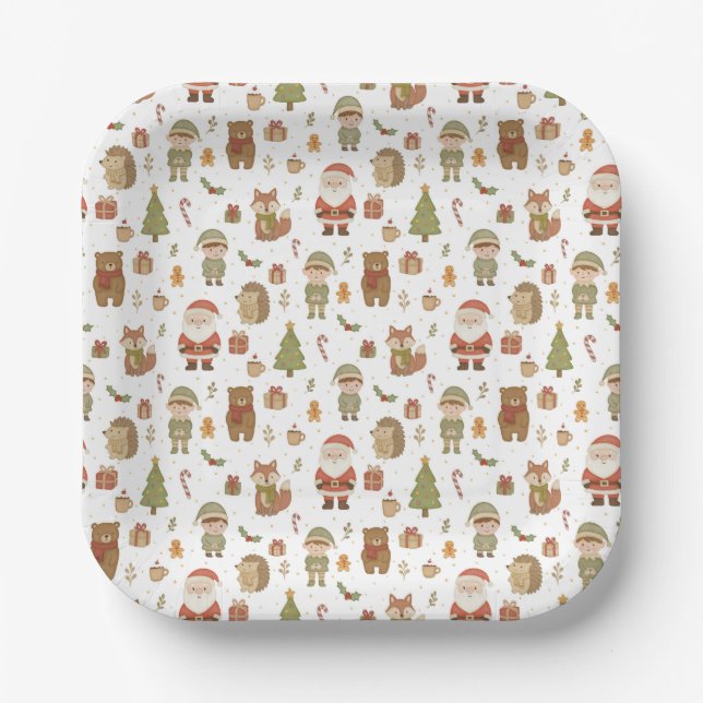 Handgezeichnete Weihnachts-Wald-Papierteller Pappteller (Vorderseite)