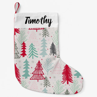 Handgezeichnete Weihnachtsbäume Evergreen Pine Red Kleiner Weihnachtsstrumpf