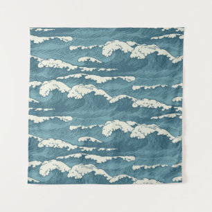 Handgezeichnete Wellen Retro Vintage-Muster Wandteppich
