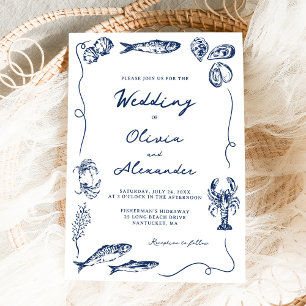 Handgezeichnete whimmsiche Küsten-Hochzeit in Mari Einladung