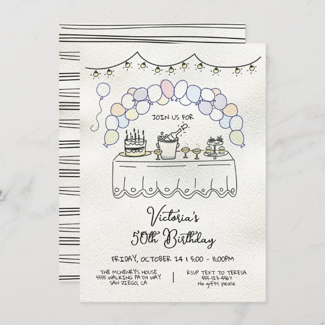 Handgezeichnete Whimsical Adult Geburtstagspartei Einladung (Vorne/Hinten)