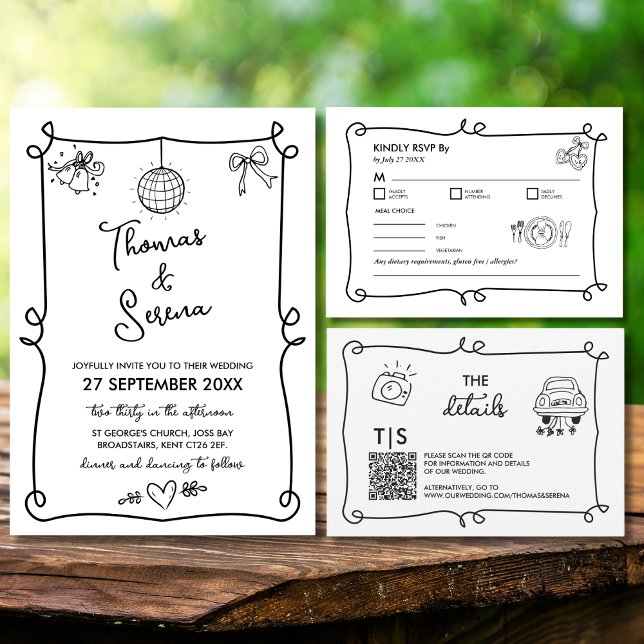 Handgezeichnete Whimsical Doodle Wavy UAWG Umschli RSVP Karte (Von Creator hochgeladen)