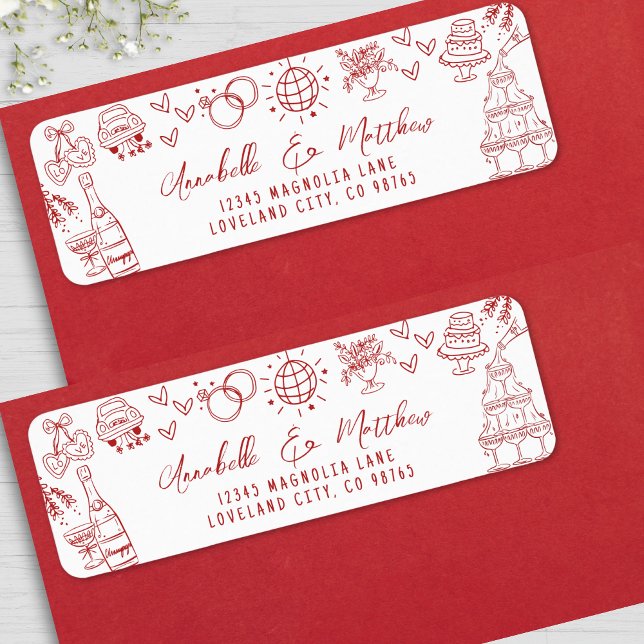 Handgezeichnete Whimsical Red Wedding Rücksendeadr (Hand Drawn Whimsical Red Wedding Return Address label)