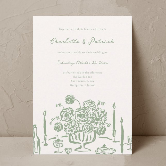 Handgezeichnete Whimsical Sage Green Wedding Einla Einladung (Von Creator hochgeladen)