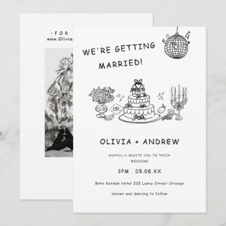 Handgezeichnete whimsical Schwarz-Weiß-Hochzeit Einladung