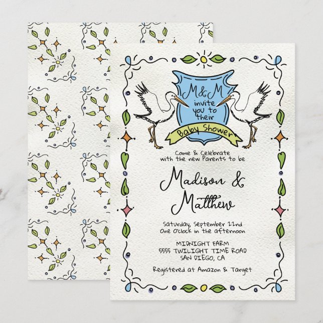 Handgezeichnete Whimsical Stork Wappen Babydusche Einladung (Vorne/Hinten)