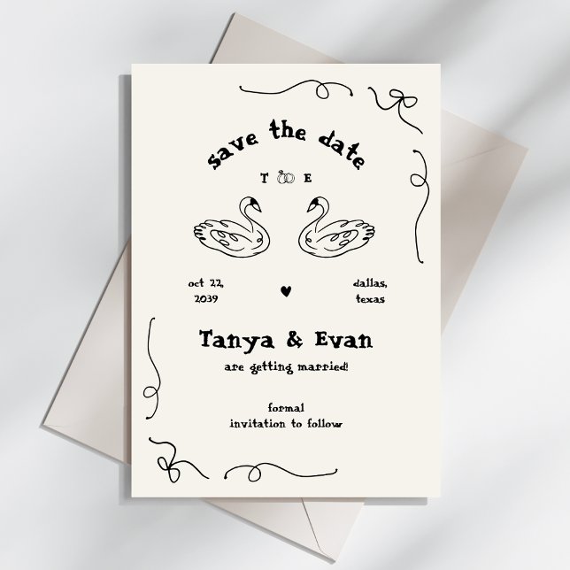 Handgezeichnete Whimsical Swan Monogram Doodle Wed Save The Date (Von Creator hochgeladen)