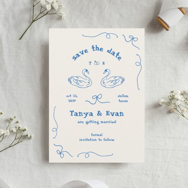 Handgezeichnete Whimsical Swan Monogram Doodle Wed Save The Date (Von Creator hochgeladen)