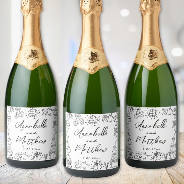 Handgezeichnete whimsical Wedding (Hand Drawn Whimsical Wedding Sparkling Wine Label)