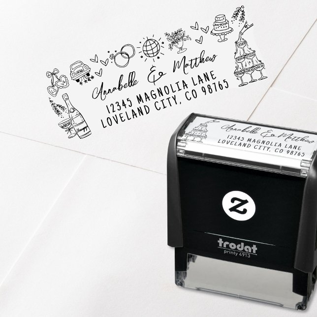 Handgezeichnete Whimsical Wedding Rücksendeadresse Permastempel (Hand Drawn Whimsical Wedding Return Address self-inking stamp)