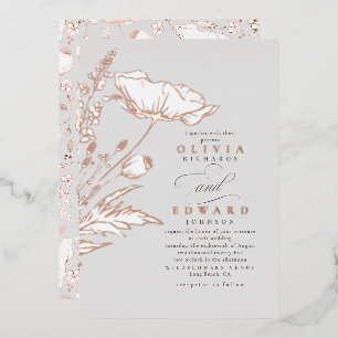 Handgezeichnete Wildblumen Elegante Hellgraue Hoch Folieneinladung