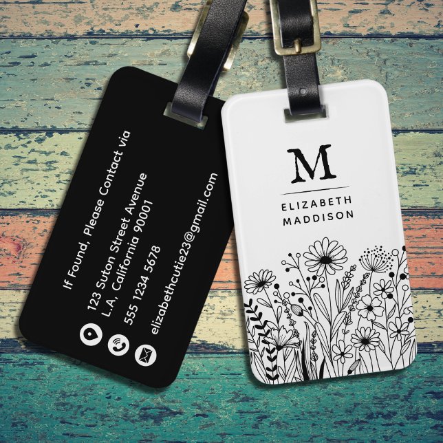 Handgezeichnete Wildblumen Schwarz-Weiß-Monogramm Gepäckanhänger (Von Creator hochgeladen)