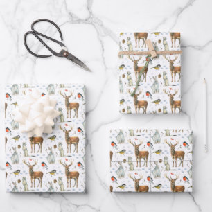 Handgezeichnete wilde Hermeline weiße Hasen Hirsch Geschenkpapier Set