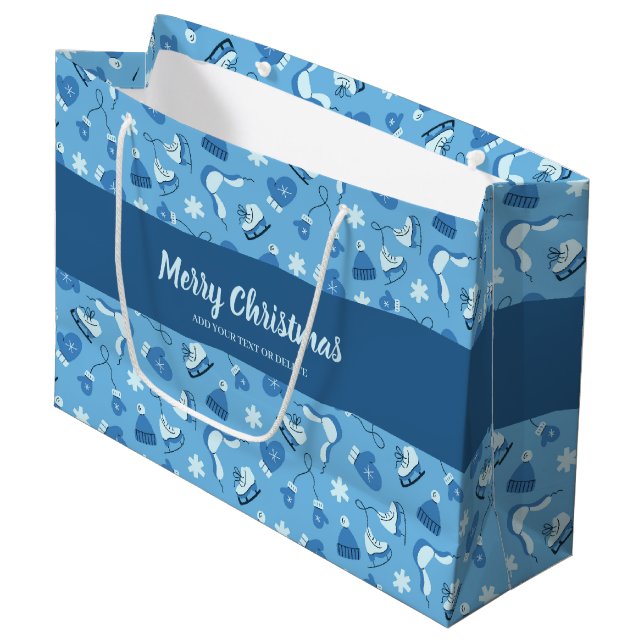 Handgezeichnete Wintermuster Blaue Große Geschenkt Geschenktüte (Vorderseite Schrägansicht)
