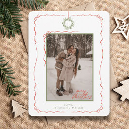 Handgezeichnete Wreath Red Bow Foto Weihnachtskart Feiertagskarte