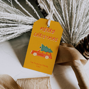 Handgezeichnete Yellow Car Tree Weihnachten Funky Geschenkanhänger