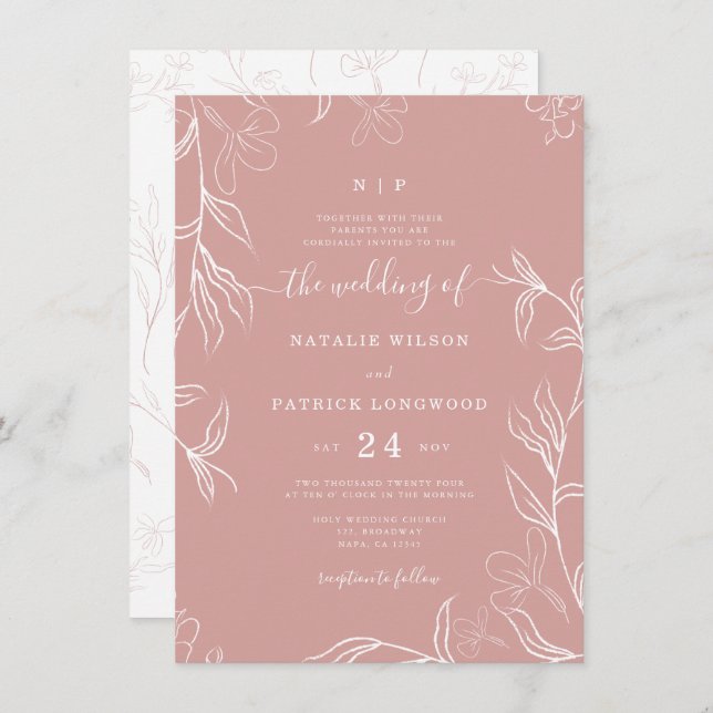 Handgezeichnete zarte, blumengeschmückte Rose Hoch Einladung (Vorne/Hinten)