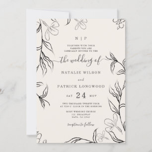 Handgezeichnete, zarte Florbeige Hochzeit Einladung