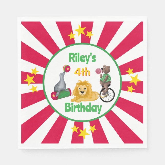 Handgezeichnete Zirkustiere rot und weiß Serviette (Vorderseite)