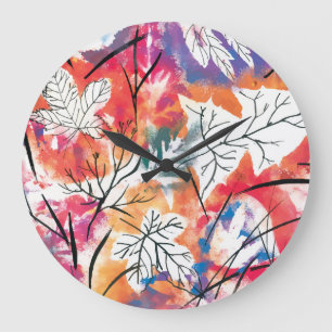 Handgezeichnete Zitronen, blaues Blätter-Muster. Große Wanduhr