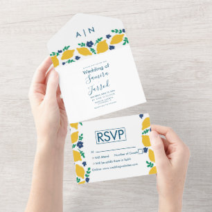 Handgezeichnete Zitronen-Hochzeits-Einladungskarte All In One Einladung