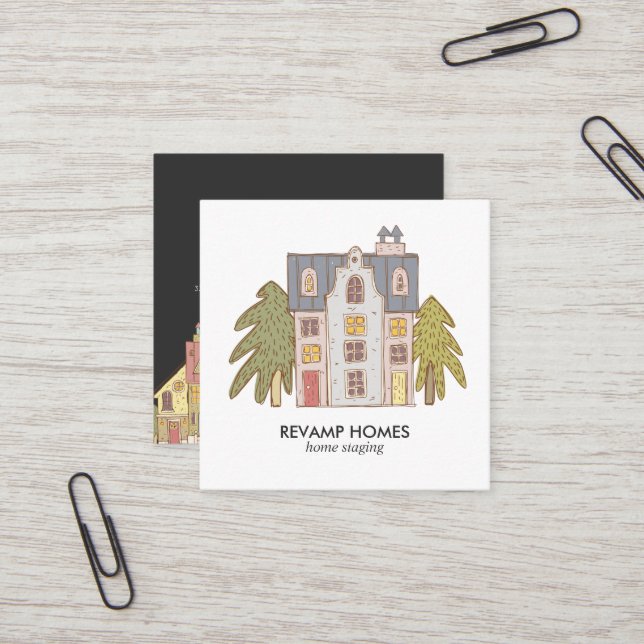 Handgezeichnete Zuhause-Staging-Visitenkarte Quadratische Visitenkarte (Vorderseite/Rückseite Beispiel)