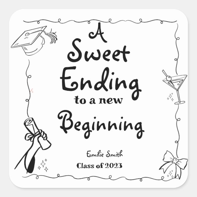 Handgezeichneter Abschluss im Doodles-Stil - Zeich Quadratischer Aufkleber (Vorderseite)