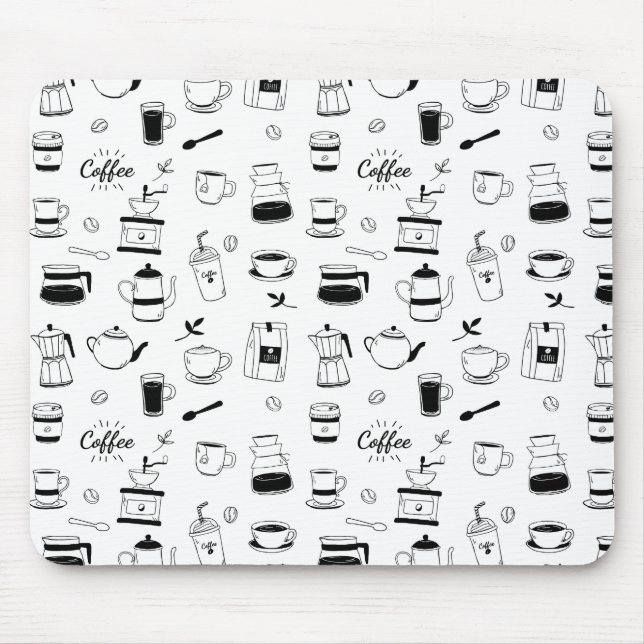 Handgezeichneter Black Coffee and Café Pattern Mousepad (Vorne)