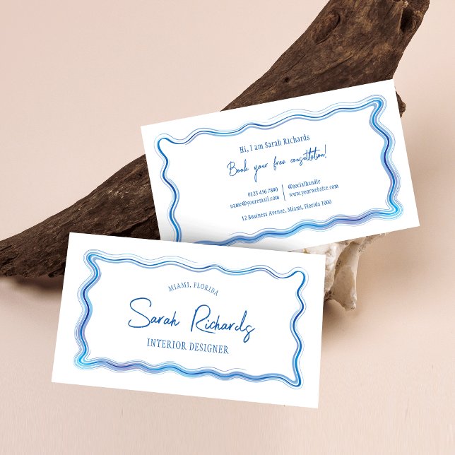 Handgezeichneter blauer Aquarellrahmen Eleganter D Visitenkarte (Elegant blue watercolor frame business card design with handwritten style font)