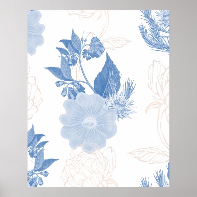 Handgezeichneter blauer Blumenmusterhintergrund  Poster (Vorne)