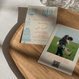 Handgezeichneter blauer orangefarbener Foto-QR-Cod Einladung