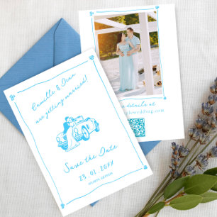 Handgezeichneter blauer Save-the-Date-Foto-QR-Code Einladung