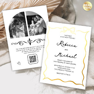 Handgezeichneter Bogen QR-Code Foto Hochzeit Gold Folieneinladung