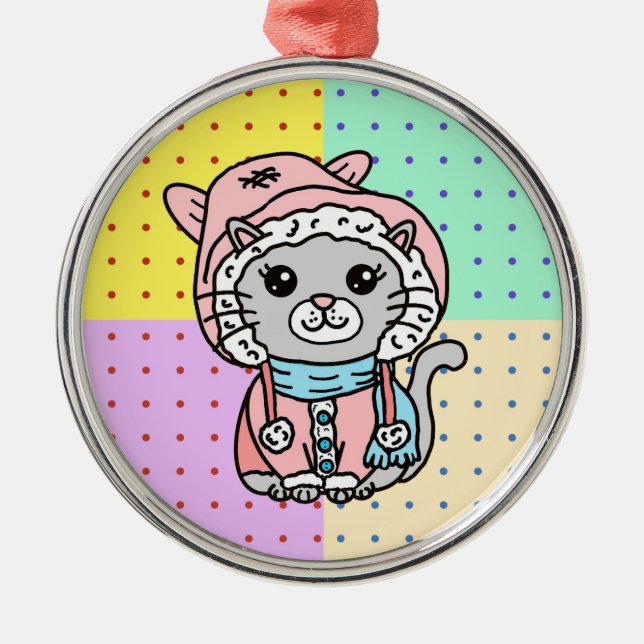 Handgezeichneter Cartoon Kitty Cat in Winterhut Ornament Aus Metall (Vorne)